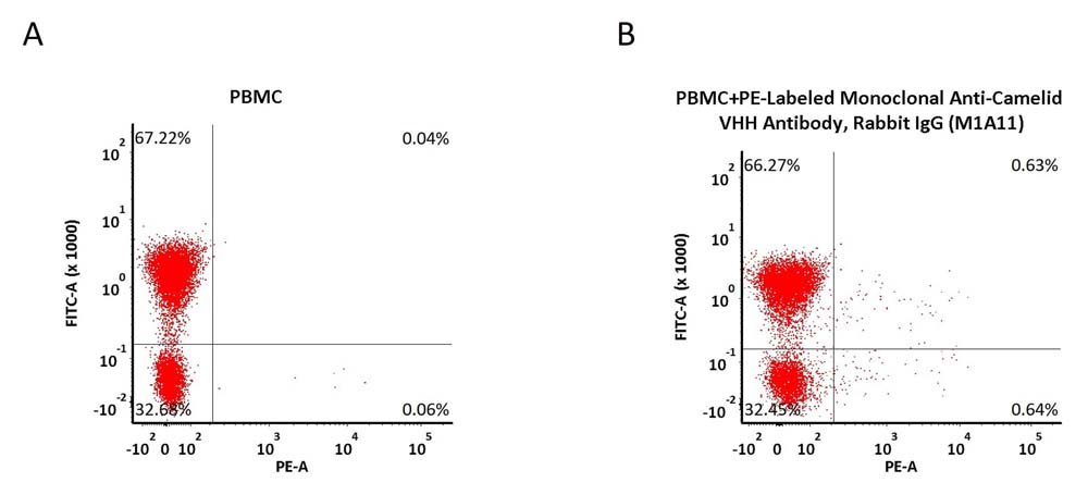  Flow cytometry showing lack of non-specific binding of PE-labeled anti-Camelid VHH antibody to human CD3+ PBMCs