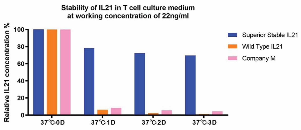 Superior Stable IL-21 retains 70% activity after 3 days