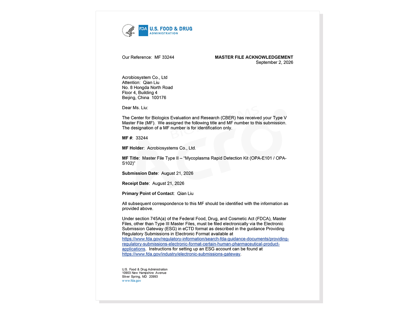 FDA DMF filing for ACROBiosystems Mycoplasma Detection Kits